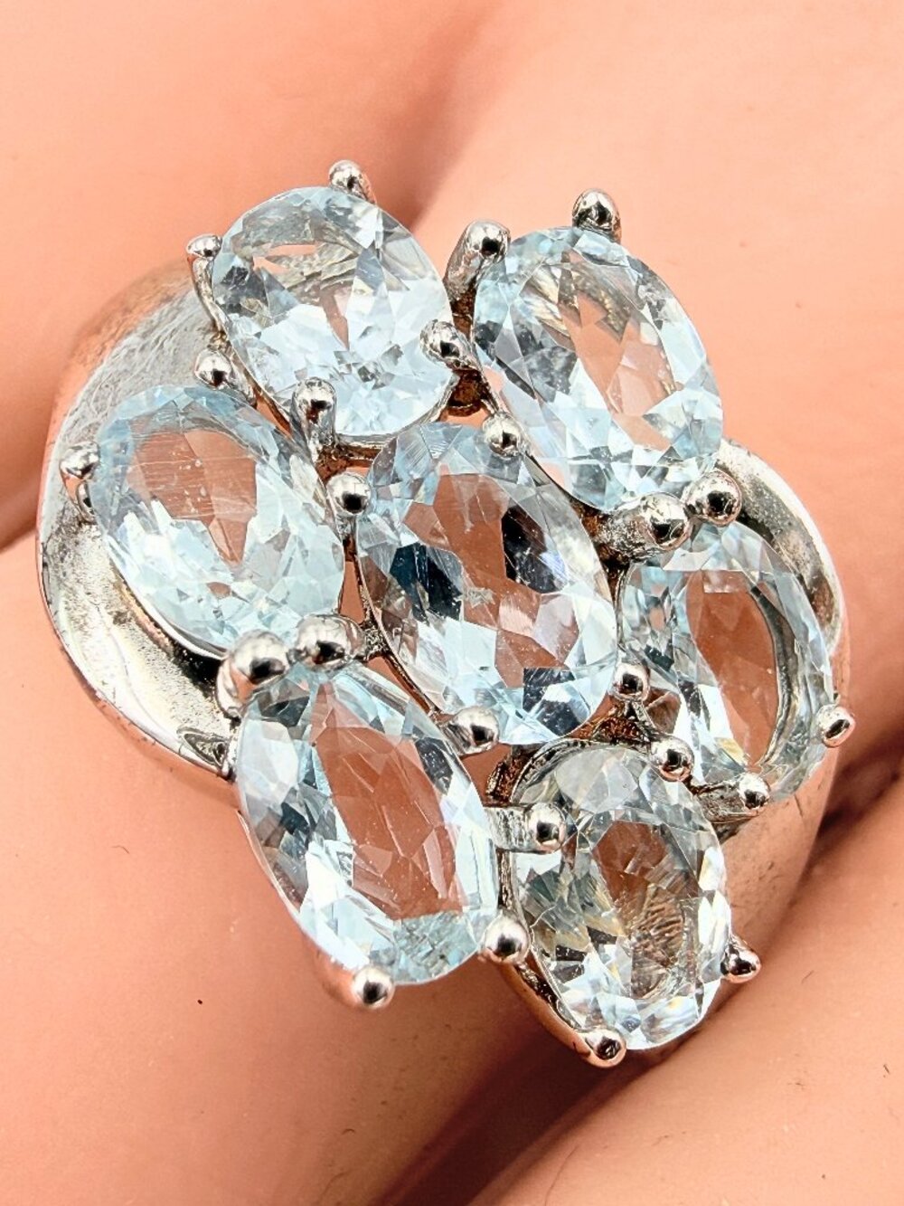Dainty Marked Sterling Silver 7 Stone Aquamarine Cluster Ring Sz 9.75